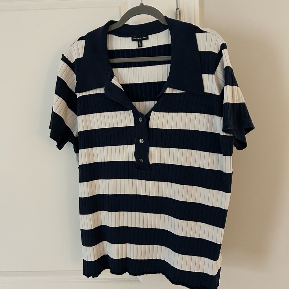 Universal Standard Navy and White Striped Polo Shirt Size L